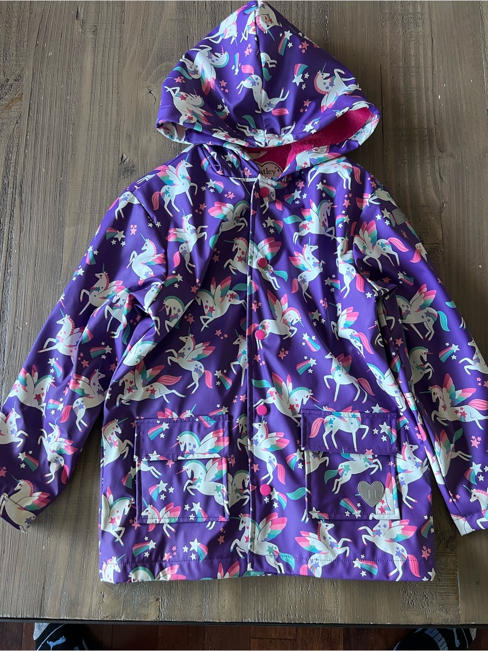 H&M Purple Unicorn Hooded Raincoat with Pink & Teal Accents
